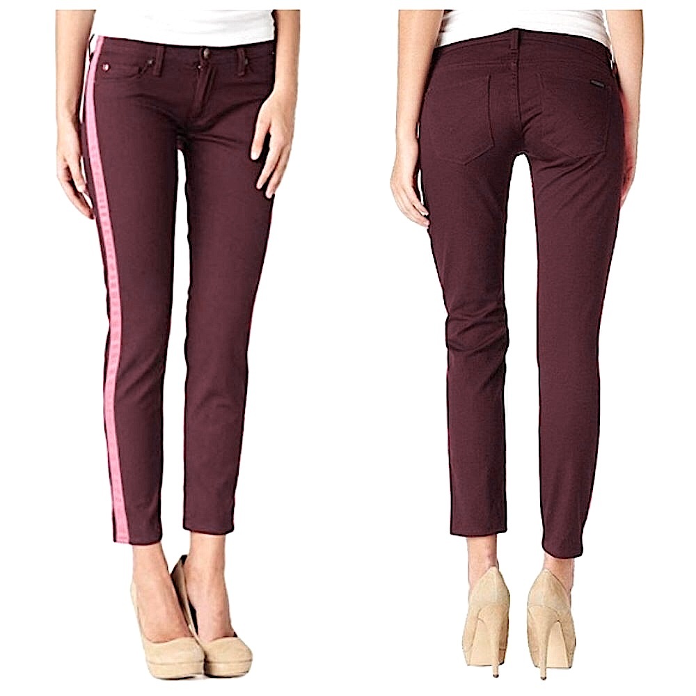 Hudson LouLou Denim Jeans Pink Tuxedo Stripe Side Low Rise Burgundy Red Size 27